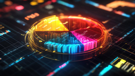 A glowing D pie chart with financial labels showing investment diversification, with each segment representing different asset allocations.の素材