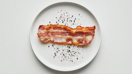A minimalist composition featuring a single, perfectly cooked slice of bacon lying flat on a white plate, with a sprinkle of black pepper, highlighting its savory appeal.の素材
