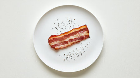 A minimalist composition featuring a single, perfectly cooked slice of bacon lying flat on a white plate, with a sprinkle of black pepper, highlighting its savory appeal.の素材