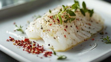 A gourmet dish beautifully plated with a sprinkle of chili flakes and fresh herbs, highlighting the importance of seasonings in enhancing visual appeal and flavor.の素材