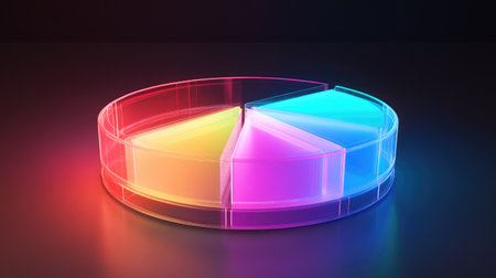 A glowing D pie chart with transparent sections, hovering in a digital space, with each segment representing different financial data points and percentages.の素材