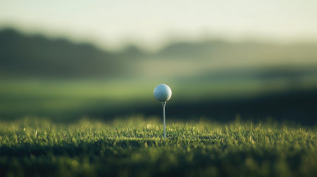 A minimalist image of a single golf ball on a tee, with a blurred background of a golf course, highlighting the ball's clean, pristine condition.の素材