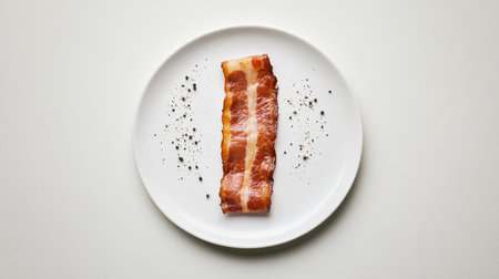 A minimalist composition featuring a single, perfectly cooked slice of bacon lying flat on a white plate, with a sprinkle of black pepper, highlighting its savory appeal.の素材