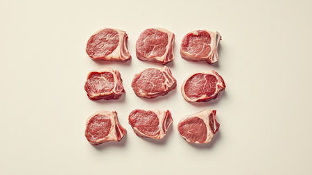 A neatly arranged display of fresh pork steaks, including different cuts like shoulder and ribeye, with a simple white background to emphasize their quality.の素材