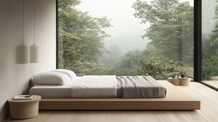 A peaceful minimalist bedroom with a low bed frame, soft linens, and a small bedside table, complemented by large windows that frame beautiful views of nature for a serene retreat.の素材