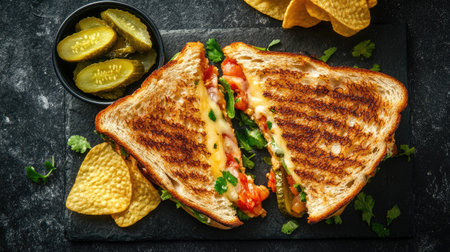 A high-angle shot of a toasted sandwich cut into halves, showcasing the melted cheese and fresh ingredients, with a garnish of pickles and a side of chips.の素材