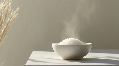 A minimalist setting with a steaming bowl of white rice on a clean white table, showcasing the simplicity and purity of freshly cooked rice.の素材