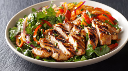 A high-definition image of a plate of spicy som tam with grilled chicken, showing the vibrant colors and textures of the dish with fresh vegetables and herbs.の素材