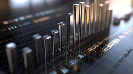 A metallic D bar chart showcasing financial data, with bars of varying heights, symbolizing different investment returns over time.の素材