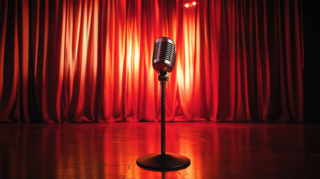 A microphone standing tall on a stage with curtains in the background, waiting for a performer to step into the spotlight.の素材