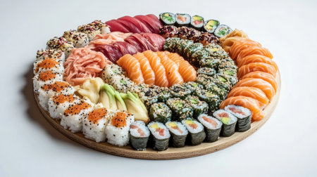 A minimalist sushi arrangement with a selection of maki and nigiri pieces, displayed on a plain white background, focusing on the freshness and vibrant colors of the fish.の素材