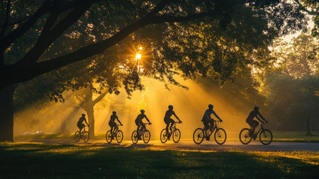 A group of cyclists in silhouette, pedaling through a scenic park at dawn, with trees and soft morning light framing their dynamic motion, symbolizing health and vitality.の素材