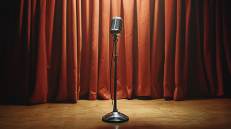A microphone standing tall on a stage with curtains in the background, waiting for a performer to step into the spotlight.の素材