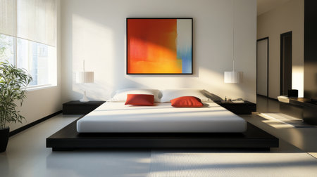 This modern minimalist bedroom showcases a stylish aesthetic with colorful artwork, a spacious layout, natural light, and serene decor elements for relaxation.の素材
