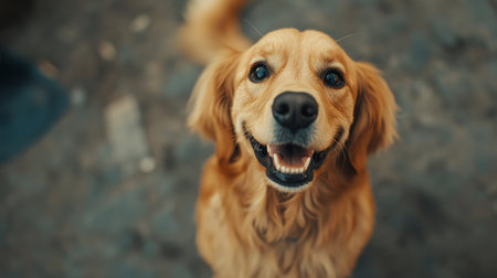 A joyful golden retriever smiles widely, showcasing its friendly nature. The dog's cheerful expression radiates happiness in a vibrant outdoor setting.の素材
