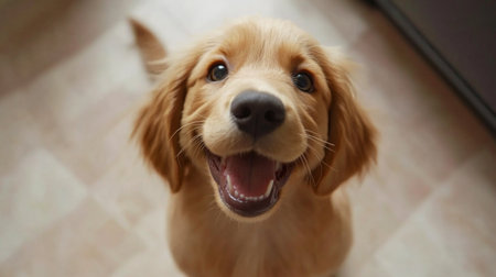 A happy golden retriever puppy with a bright smile looks up at the camera. The playful pup exudes joy and companionship in a cozy indoor setting.の素材