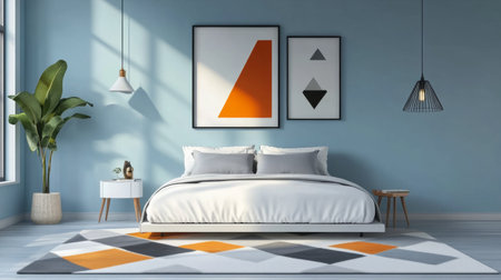 Bright and stylish modern bedroom featuring abstract art and a cozy bed. The decor combines minimalist design with vibrant colors, creating a serene atmosphere.の素材