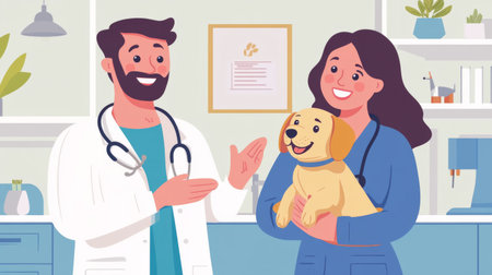 A friendly veterinarian team joyfully engages with a happy dog in a modern clinic. Their caring demeanor and warm environment reflect dedication to pet health and well-being.の素材