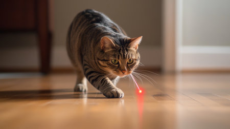 A playful tabby cat is intently chasing a red laser dot on a polished wooden floor, showcasing its curious and energetic nature in a cozy indoor setting.の素材