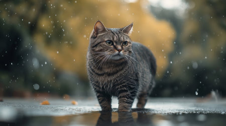 A captivating grey tabby cat explores the outdoors on a rainy day, walking through puddles with water droplets glistening around it, creating a serene atmosphere.の素材