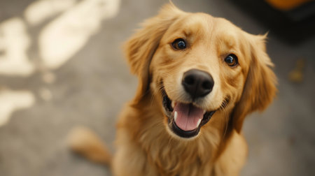 A happy golden retriever dog smiles at the camera in a sunny outdoor setting. This playful pet embodies joy and loyalty, making it a perfect companion.の素材