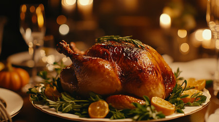 A beautifully roasted turkey is presented on a decorative platter, surrounded by fresh herbs and citrus fruits. The warm ambiance creates a festive atmosphere perfect for gatherings.の素材