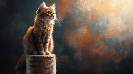 A charming ginger cat sits elegantly on a scratching post, gazing thoughtfully into the distance. The soft light highlights its fluffy fur, creating a serene atmosphere.の素材