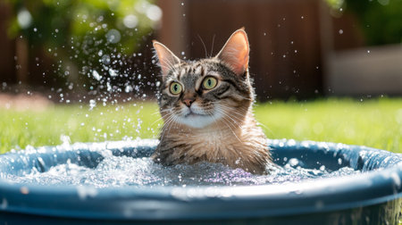 A curious cat enjoying a playful splash in a blue tub filled with water under bright sunlight, surrounded by lush green grass, capturing a joyful moment in nature.の素材