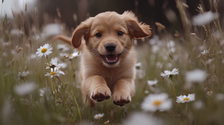 A joyful golden retriever puppy runs freely through a flower-filled field, embodying the essence of playfulness and happiness in a vibrant outdoor setting.の素材