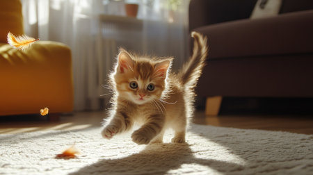 A playful kitten chasing a feather toy across a sunny living room, with its fluffy fur and excited expression capturing the joy of playtime.の素材