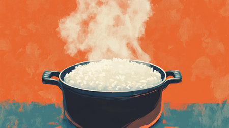 A pot of hot steamed rice just after being cooked, with steam escaping as the lid is lifted, capturing the moment of freshness and warmth.の素材