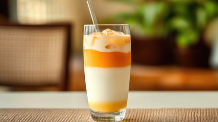 A refreshing glass of Thai iced tea with layers of milk and tea swirling together, served with a straw, perfect for cooling off after a spicy meal.の素材