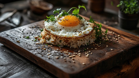A rustic setting featuring a wooden board with a serving of Thai basil fried rice topped with a fried egg, sprinkled with sesame seeds and fresh herbs for an appealing presentation.の素材