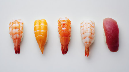 A row of five different sushi nigiri, including shrimp, tuna, salmon, eel, and tamago, set against a white background to emphasize the contrast between the ingredients and the backdrop.の素材