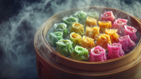 A steaming bamboo basket filled with vibrant dumplings in various colors, including green, pink, and yellow, highlighting the artistry and freshness of handmade dim sum.の素材