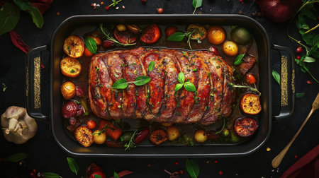 A slow-cooked pork roast with a crispy crackling skin, surrounded by roasted vegetables, giving off an aroma of herbs and seasoning.の素材