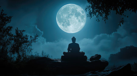 A silhouette of a seated Buddha statue framed by a large, round full moon, with the moonlight casting a soft glow around the figure and creating a mystical effect.の素材
