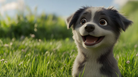 A cheerful cartoon dog with a big smile sits in a vibrant green meadow, embodying joy and innocence. The sunny backdrop enhances the playful atmosphere, making it a perfect representation of nature and happiness.の素材