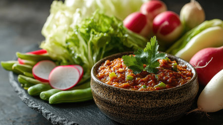 A close-up of a traditional Thai-style chili paste served in a small bowl, accompanied by an assortment of raw vegetables such as lettuce, radishes, and green beans.の素材