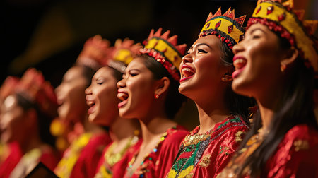 A cultural performance showcasing a choir in traditional costumes, singing songs that reflect their heritage, creating a vibrant celebration of music and cultural identity.の素材