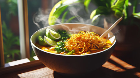 A vibrant bowl of steaming noodle soup topped with fresh lime, green onion, and crispy noodles, perfect for a cozy meal or culinary delight.の素材