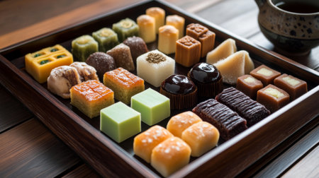 A beautifully arranged assortment of traditional desserts on a wooden tray, perfect for showcasing cultural cuisine and enhancing a tea experience.の素材