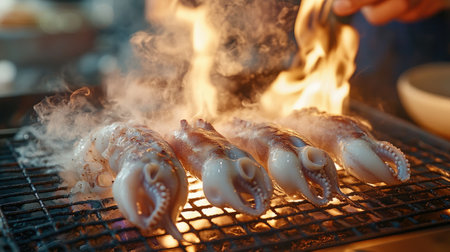 A high-definition shot of a chef grilling squid over an open flame, with the squid sizzling and releasing aromatic smoke, emphasizing the cooking process.の素材
