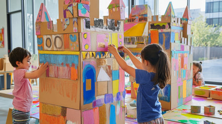 Two children create colorful cardboard structures in an indoor space. This engaging activity fosters teamwork, creativity, and artistic expression among young learners.の素材