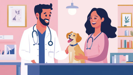 A warm scene featuring a veterinarian and a pet owner in a modern clinic. The professionals engage positively while caring for a happy dog, showcasing teamwork and compassion in animal healthcare.の素材