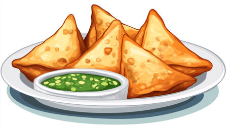 A plate of crispy golden samosas served with a vibrant green chutney. This delectable snack is perfect for sharing and enjoying during any gathering.の素材