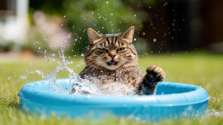 A playful cat splashes joyfully in a bright blue pool filled with water, enjoying a sunny afternoon in the garden. The scene captures happiness and fun.の素材