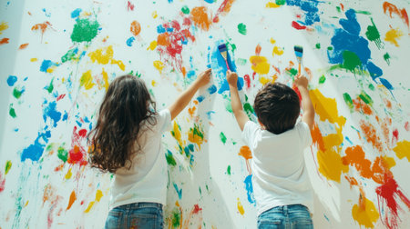 Two children joyfully creating a colorful mural on the wall, expressing their creativity through vibrant paint splashes and playful gestures.の素材