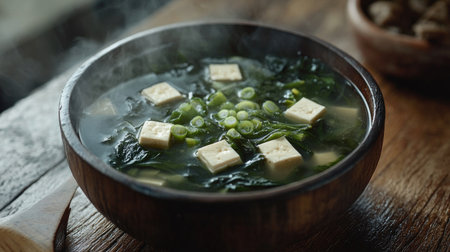 A steaming bowl of hot seaweed soup garnished with fresh green onions and tofu cubes, placed on a rustic wooden table, inviting viewers to enjoy this comforting dish.の素材
