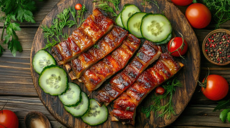 A rustic setting featuring a platter of crispy pork belly, beautifully arranged with slices of cucumber, tomato, and fresh herbs, inviting diners to indulge in this savory dish.の素材